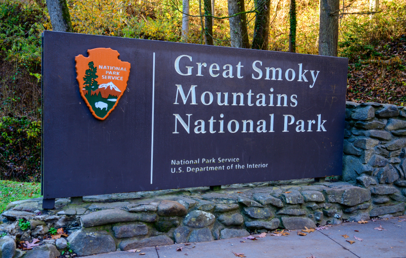 Great Smoky Mountains National Park sign at entrance