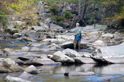 man fly fishing in Smoky Mountain river