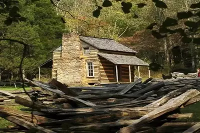 An exterior view of the historic John Oliver cabin in Great Smoky Mountains National Park.