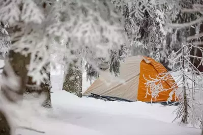 tent in the woods in the snow