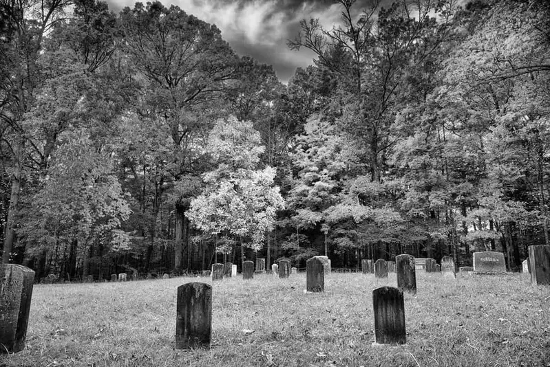 black and white photo of a cemetery in the Smoky Mountains