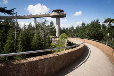 A winding path leads to the top of the observation tower at Clingmans Dome.