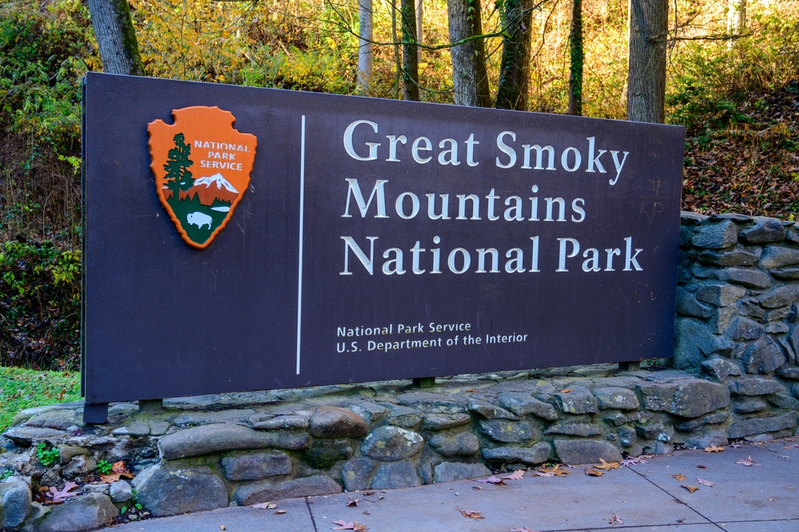 Great Smoky Mountains National Park sign at entrance to park