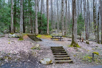 steps and picnic tables near a Smoky Mountain campground